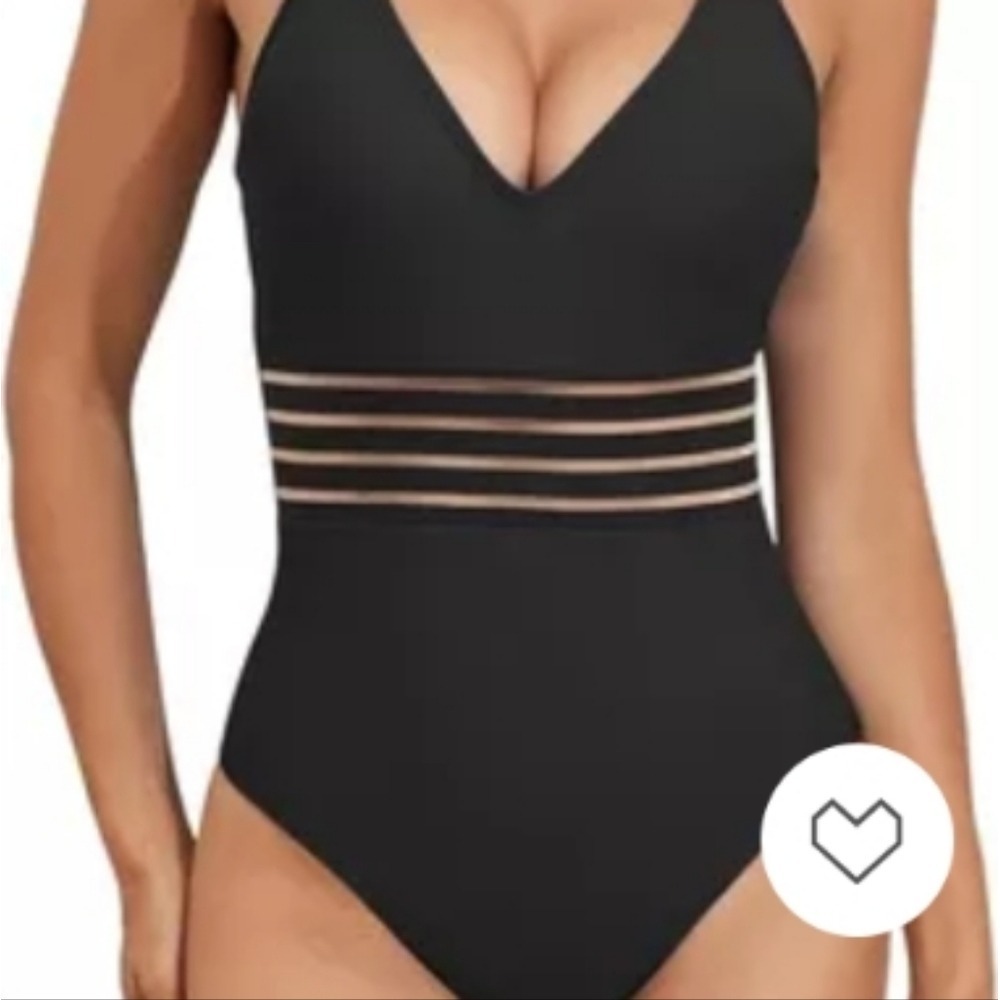 Eomenie One Piece Tummy Control Mesh Bathing‎ Suit Slimming V Neck Black M NWT